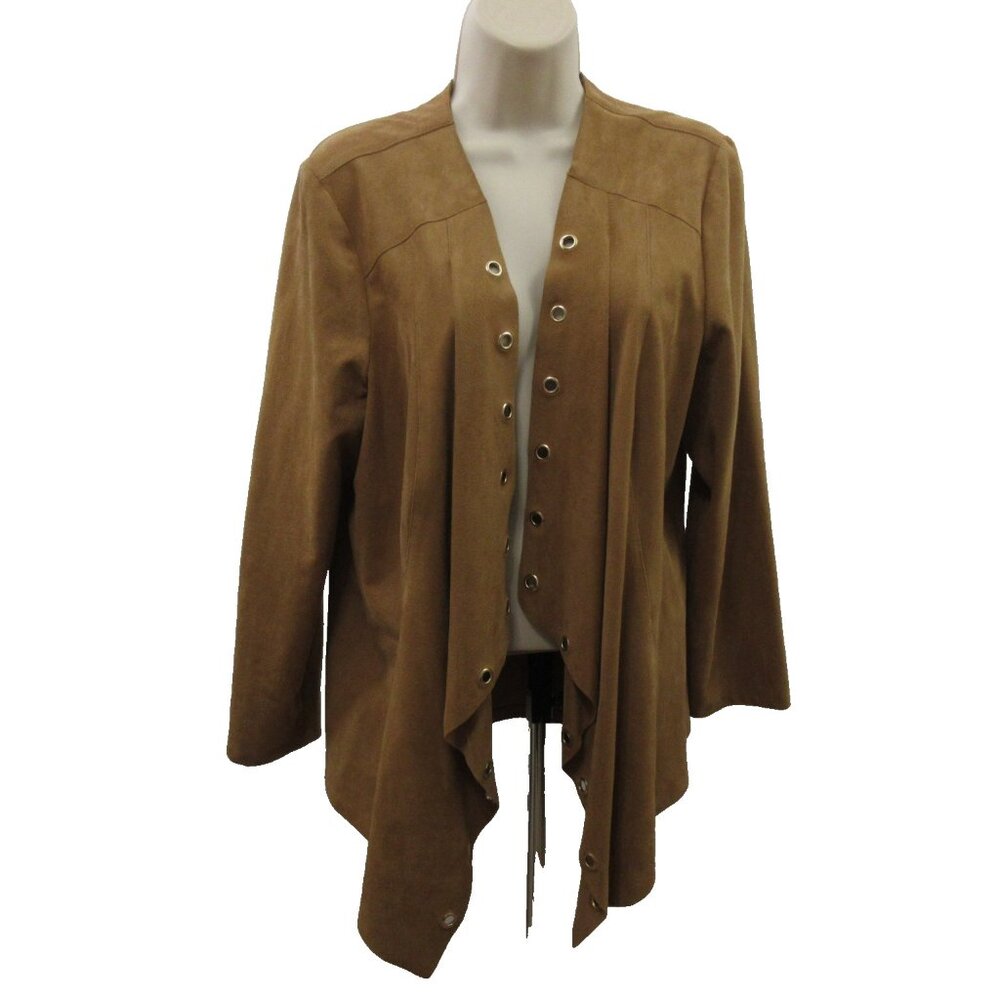 Chico's Womens Jacket Blazer Size 2 (12/14) Faux Suede Brown Waterfall OpenFront